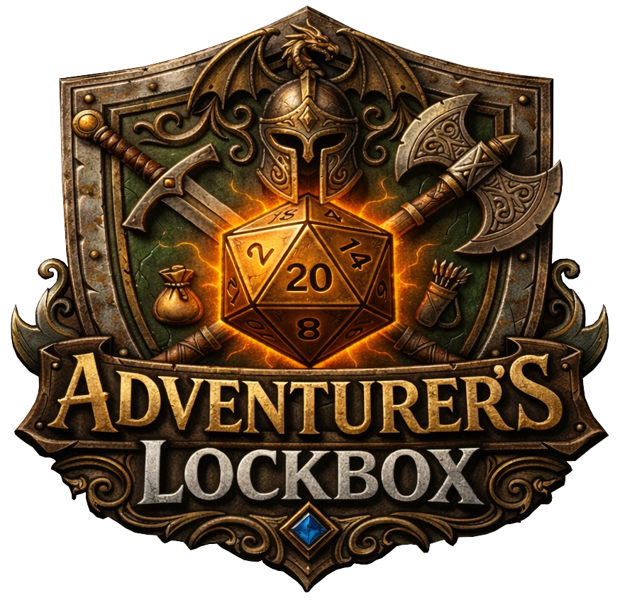 A fantasy-themed logo featuring a large d20 dice, a dragon, and various fantasy weapons.
